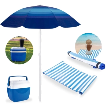 Kit Caixa Trmica Cooler 12 Litros + Guarda Sol Fps 70 1,50 M + Esteira de Praia Rolo 1,80 M Parque
