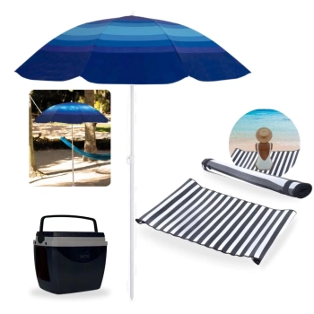 Kit Caixa T�rmica Cooler 18 L Piscina + Guarda Sol Fps 70 1,50 M + Esteira Praia Preta 1,80 M Parque