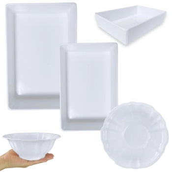 Kit 2 Travessas Retangulares Estriadas 20,3cm e 25,3cm + Tigela 650ml Formato Flor Delicado Melamina / Plstico