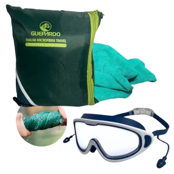 Kit culos de Natao Uv/Antiembaante Azul + Toalha Verde de Microfibra Superabsorvente Guepardo