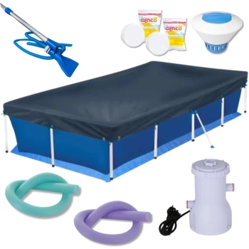 Kit Piscina 3000l + Aspirador Venturi + Flutuador + Pastilhas + Filtro 110v + 2 Espaguetes + Capa e Forro