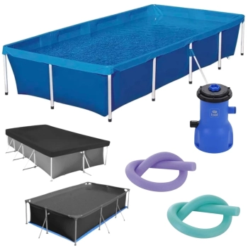 Kit Piscina Retangular 3000 L + Capa e Forro para Proteo + Filtro 220v 3028 L/Hr + 2 Boias Espaguete