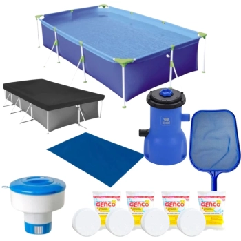 Kit Piscina 3700 L + Flutuador + Filtro 220v 3028l/H + Capa e Forro + Peneira + Cloro