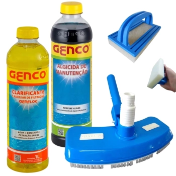 Kit Esponja + Clarificante + Aspirador + Algicida Manuten��o para Limpeza Piscina