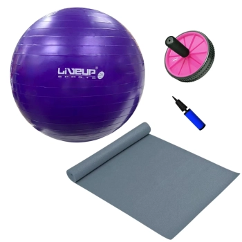Kit Bola Sua 55cm Pilates + Mini Bomba + Colchonete Eva 4mm Cinza + Roda Abdominal Rosa Treino