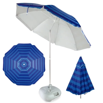 Kit Guarda Sol 2,40 M Articulado Listrado Azul + Base 21 Kg para Praia e Piscina