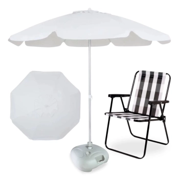 Kit Guarda Sol Branco 1,60m + Base 21kg + Cadeira de Praia Retro para Piscina