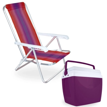 Kit Cadeira de Praia Alumnio 4 Posies + Caixa Trmica 34 Litros Cor Aai para Parque, Camping
