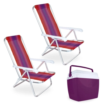 Kit 2 Cadeiras de Praia Alumnio 4 Posies + Caixa Trmica 34 Litros Cor Aai para Parque, Camping