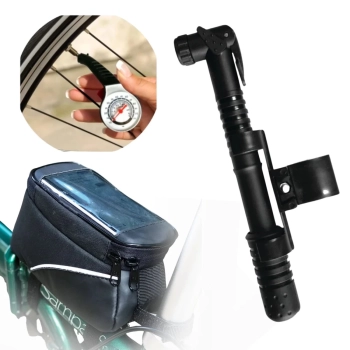 Kit Bolsa para Celular Mobile de Quadro Bicicleta + Manmetro e Bomba de Ar para Bicicleta