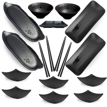 Kit 17 Peas para Sushi Comida Oriental com Travessas Pratos Hashis e Molheiras