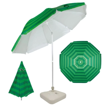 Kit Guarda Sol 2,40 M Articulado Verde Listrado + Base Suporte de At 22kg Praia e Piscina