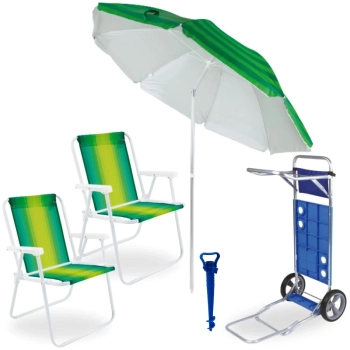 Kit Carrinho de Praia C/ Avano + Guarda Sol 2,40 M Articulado Verde + 2 Cadeiras de Praia Ao + Saca Areia