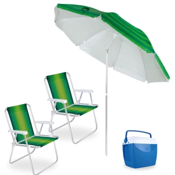 Kit Praia Guarda Sol 2,40m Articulado + 2 Cadeiras de Praia Alumnio + Caixa Trmica Azul 18 Lts