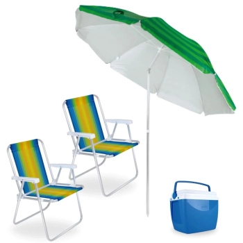 Kit Praia Guarda Sol 2,40m Articulado + 2 Cadeiras de Praia Alumnio + Caixa Trmica Azul 18 Lts