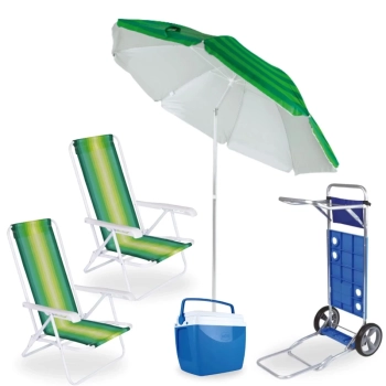 Kit 2 Cadeiras de Praia + Carrinho C/ Avano + Caixa Trmica 18 L+ Guarda Sol 2,40m Articulado