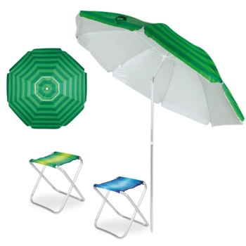 Kit Praia Guarda Sol 2,40 M Articulado + 2 Banquetas Banco Dobravel Alumnio Praia e Camping