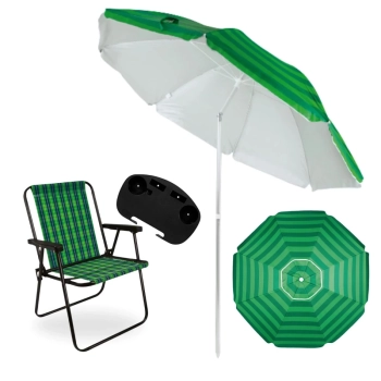 Kit Cadeira de Praia Xadrez Verde + Mesa Porta Copo Preta + Guarda Sol Articulado 2,40m