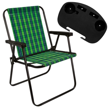 Kit Cadeira de Praia Xadrez Verde + Mesa Porta Copo Preta + Guarda Sol Articulado 2,40m