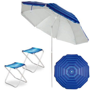 Kit Guarda Sol 2,40m Articulado Fps 100 + 2 Banquetas Dobrveis Alumnio Praia / Camping