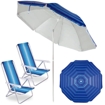 Kit 2 Cadeiras de Praia Alumnio 4 Posies + Guarda Sol 2,40 M Listrado Articulado Fps 100