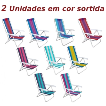 Kit 2 Cadeiras de Praia Alumnio 4 Posies + Guarda Sol 2,40 M Listrado Articulado Fps 100