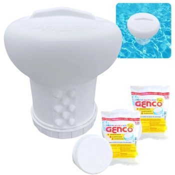Kit Clorador Flutuante Grande Netuno + 2 Pastilhas de Cloro Genco 3 em 1 para Piscinas