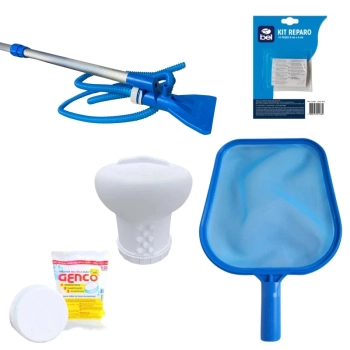 Kit Aspirador Venturi com Mangueira + Haste + Peneira + Clorador Flutuante + Pastilha de Cloro + Reparo