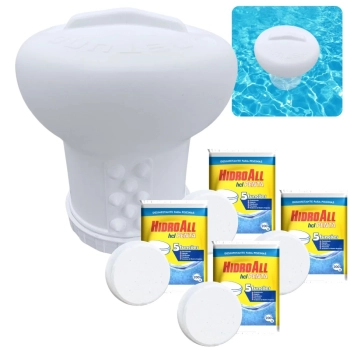 Kit Clorador Flutuante Grande Netuno + 4 Pastilhas de Cloro Hidroall 5 em 1 para Piscinas