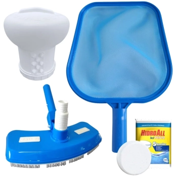 Kit Peneira + Aspirador + Clorador Flutuante Grande + Pastilha de Cloro 5 em 1 para Limpeza de Piscina
