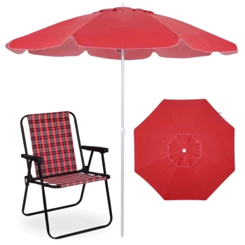 Kit Cadeira de Praia Alta Xadrez Vermelha e Preta + Guarda Sol 2 Metros em Alumnio / Bagum