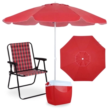 Kit Cadeira de Praia Alta Xadrez + Guarda Sol 2 Metros em Alumnio e Bagum + Caixa Trmica 18 Litros