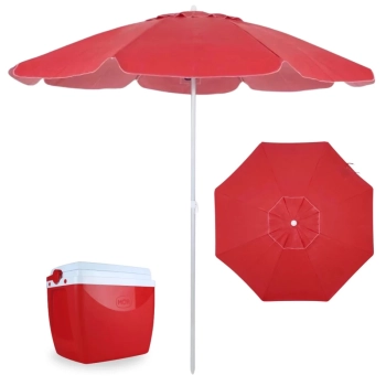Kit Guarda Sol 2 Metros em Alumnio e Bagum + Caixa Trmica de 18 Litros Vermelha Praia e Parque