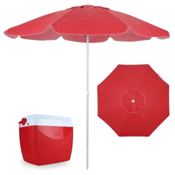 Kit Guarda Sol 2 Metros em Alumnio e Bagum + Caixa Trmica de 26 Litros Vermelha Praia e Parque
