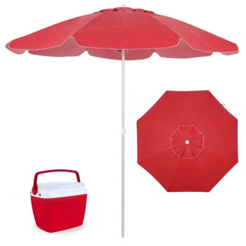 Kit Guarda Sol 2 Metros em Alumnio e Bagum + Caixa Trmica de 6 Litros Vermelha Pequena / Praia e Parque