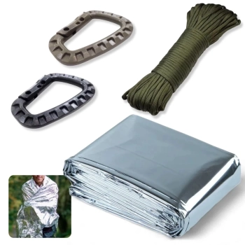 Kit Manta Trmica Aluminizada para Emergncia + Par de Mosqueto Quick Tatic + Paracord Corda 10 M Verde