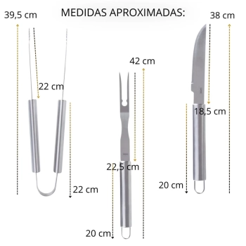 Kit para Churrasco 3 Peas Faca Garfo e Pegador Ao Inox + Panela para Grelha com Ala + Escova Limpa Grill