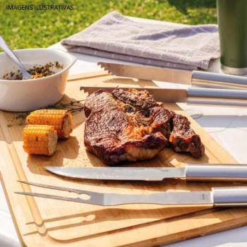 Conjunto para Churrasco em Ao Inox 3 Peas Faca Garfo e Pegador Mor Cozinha Utenslios