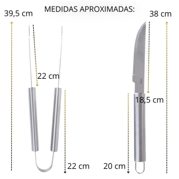Kit para Churrasco 2 Peas Faca e Pegador Ao Inox + Panela para Grelha com Ala + Escova Limpa Grill