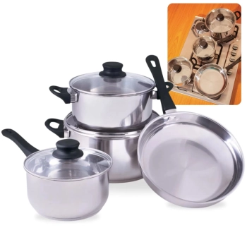 Jogo de Panelas 4 Peas em Inox para Induo e a Gs Fundo Triplo 2 Panelas Caarola Mor + Panela com Cabo + Frigideira
