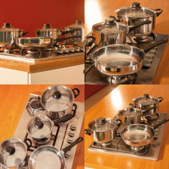 Jogo de Panelas 4 Peas em Inox para Induo e a Gs Fundo Triplo 2 Panelas Caarola Mor + Panela com Cabo + Frigideira