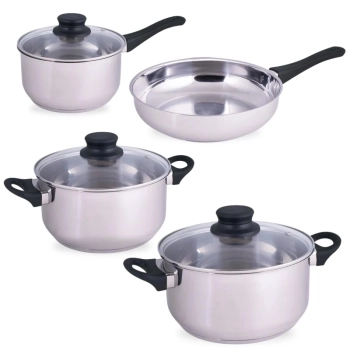 Jogo de Panelas 4 Peas em Inox para Induo e a Gs Fundo Triplo 2 Panelas Caarola Mor + Panela com Cabo + Frigideira