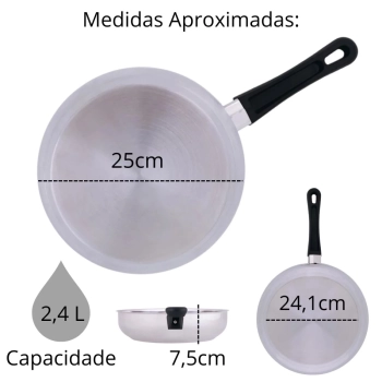 Jogo de Panelas 4 Peas em Inox para Induo e a Gs Fundo Triplo 2 Panelas Caarola Mor + Panela com Cabo + Frigideira