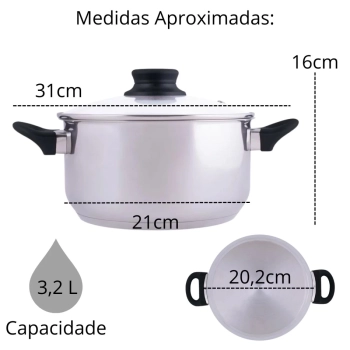 Panela Caarola em Ao Inox 21cm Induo e a Gs 3,2 Litros com Tampa e Fundo Triplo Mor