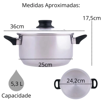 Panela Caarola em Ao Inox 25cm Induo e a Gs 5,3 Litros com Tampa Fundo Triplo Mor