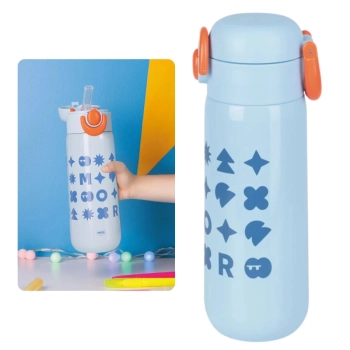 Kit Garrafa Trmica 480ml Azul Inox Ala e Canudo + Caixa Trmica 18 Litros Azul