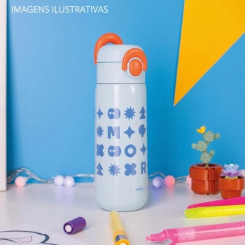 Garrafa Trmica Infantil Kids Azul 480 Ml em Ao Inox com Canudo em Silicone Ilustrada Escolar Mor