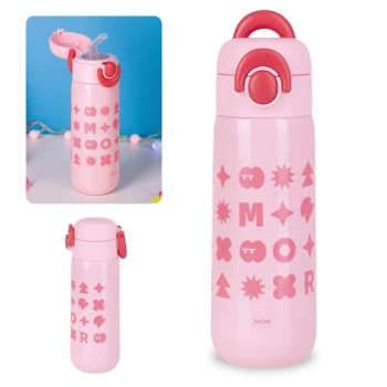 Kit Garrafa Trmica 480ml Rosa Inox Ala e Canudo + Caixa Trmica 18 Litros Rosa