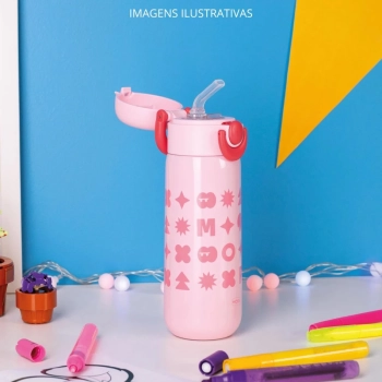 Kit Garrafa Trmica 480ml Rosa Inox Ala e Canudo + Caixa Trmica 18 Litros Rosa