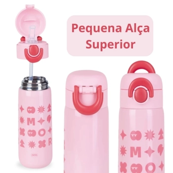Kit Garrafa Trmica 480ml Rosa Inox Ala e Canudo + Caixa Trmica 18 Litros Rosa